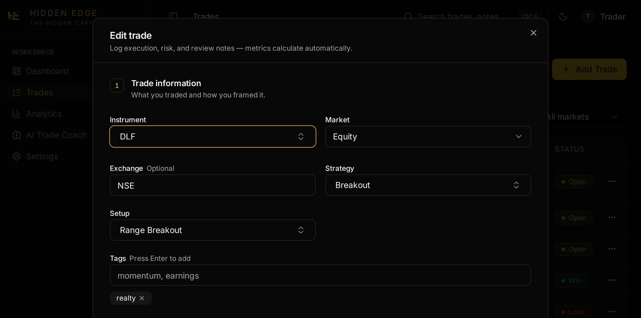 Hidden Edge trade editor with instrument, market, strategy, setup and tags for a Federal Bank breakout trade